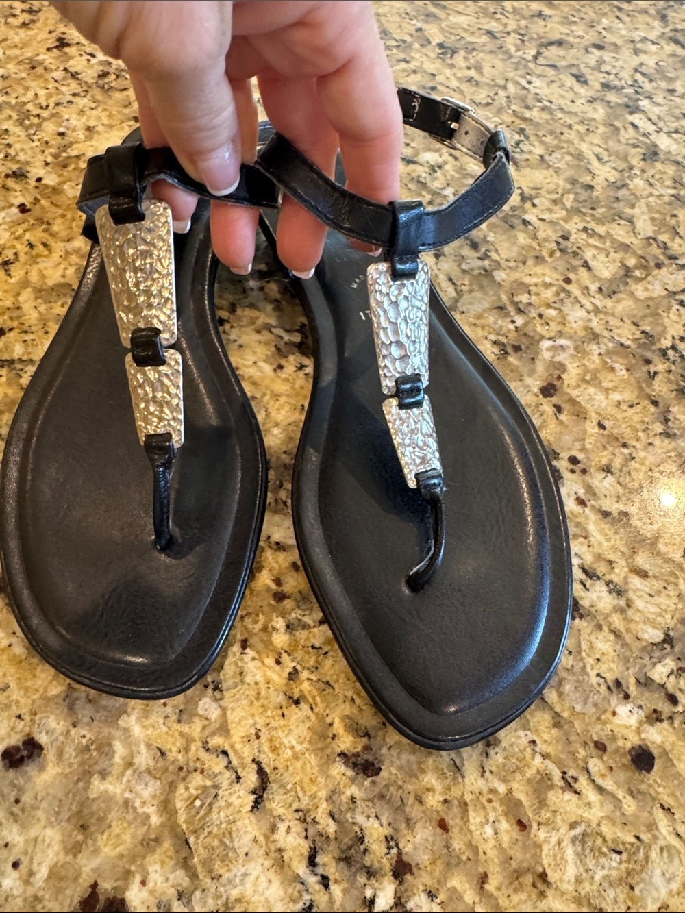 Black Women's T-Strap Sandals with Silver Accents size 8